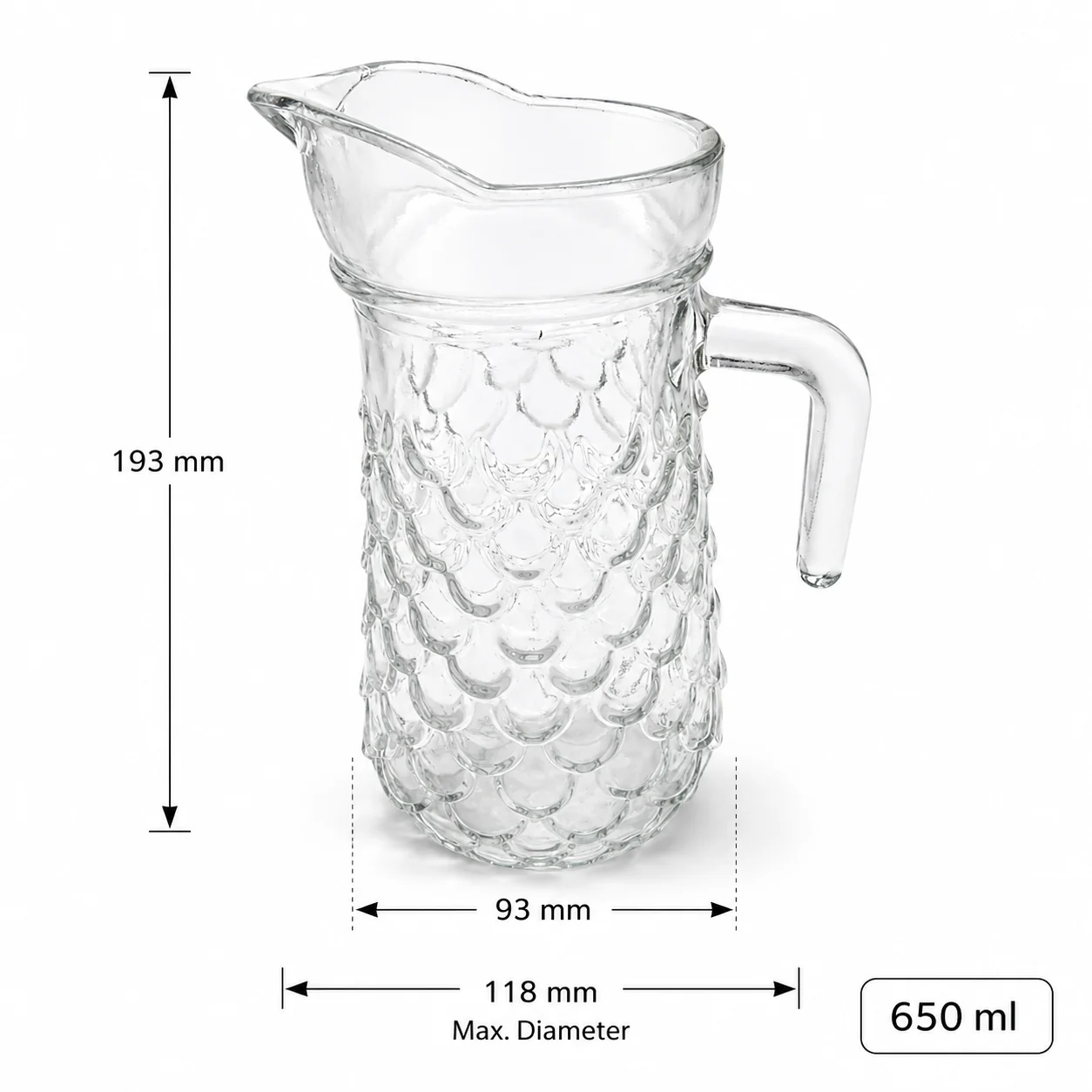 Clear 650 ml embossed glass pitcher with scalloped texture and handle