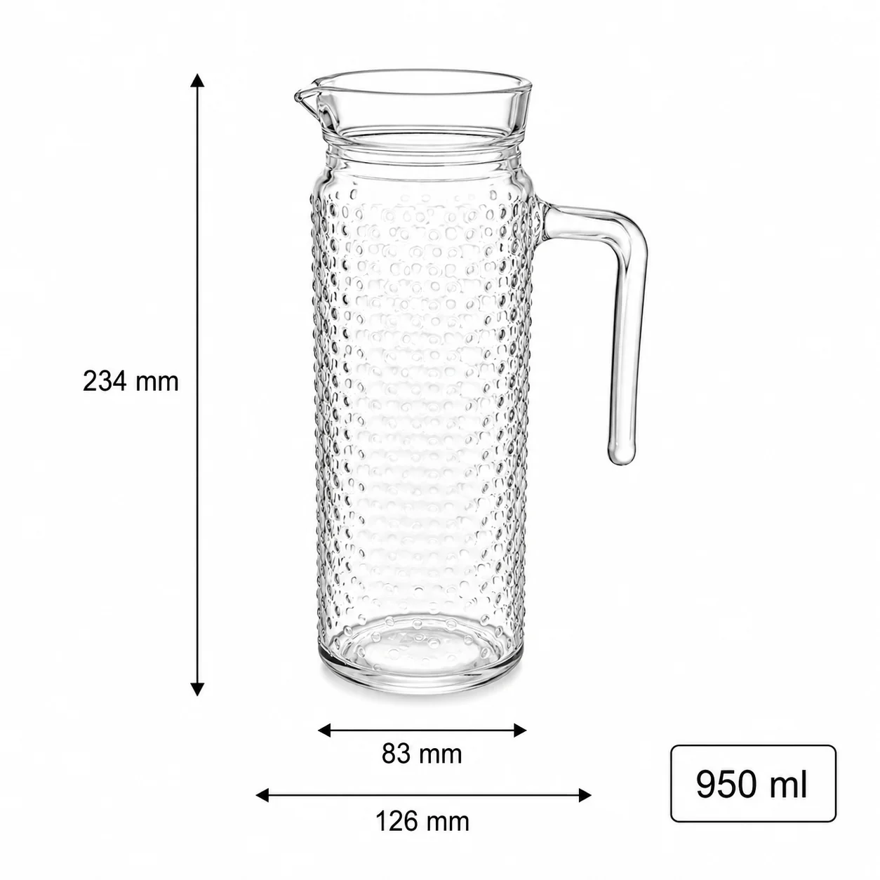 Tall 950 ml clear hobnail glass pitcher with straight handle