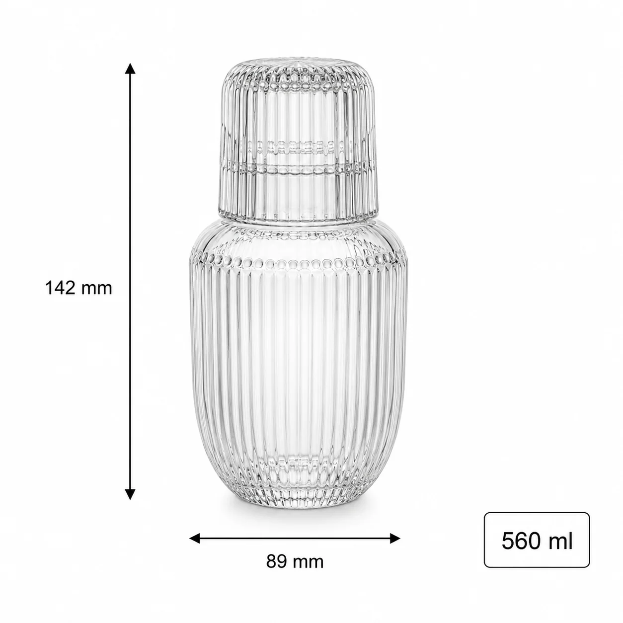 Clear 560 ml ribbed glass bedside carafe with matching cup