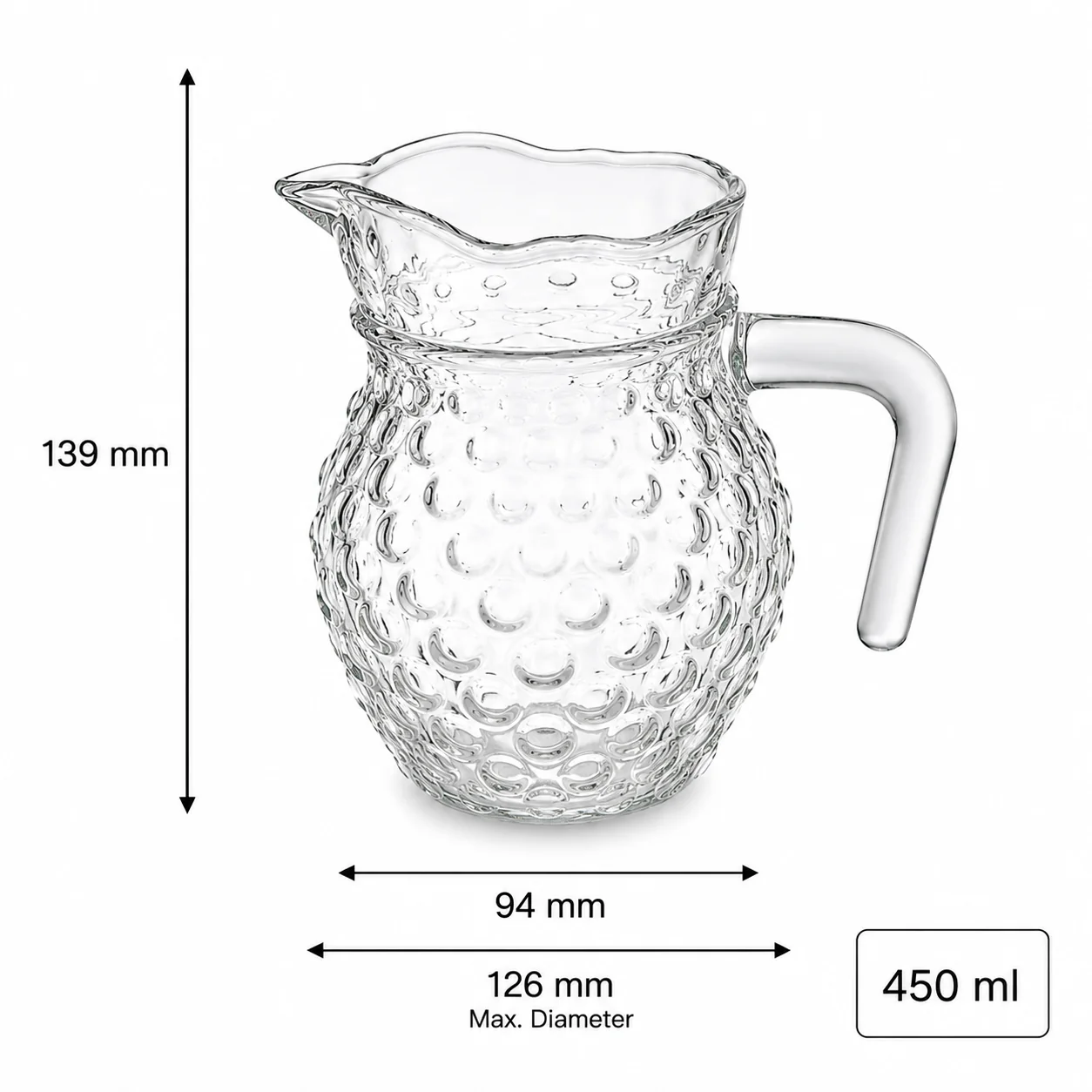 Small 450 ml clear hobnail glass pitcher with shaped rim and handle