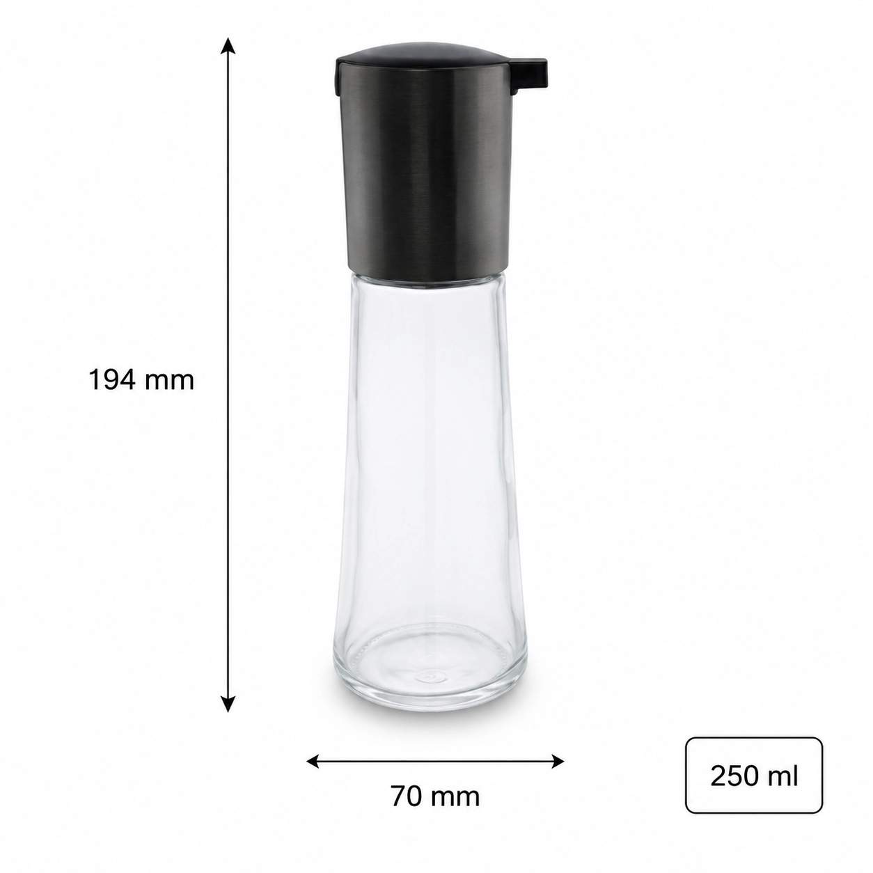 Clear 250 ml glass oil dispenser with a tall black lid