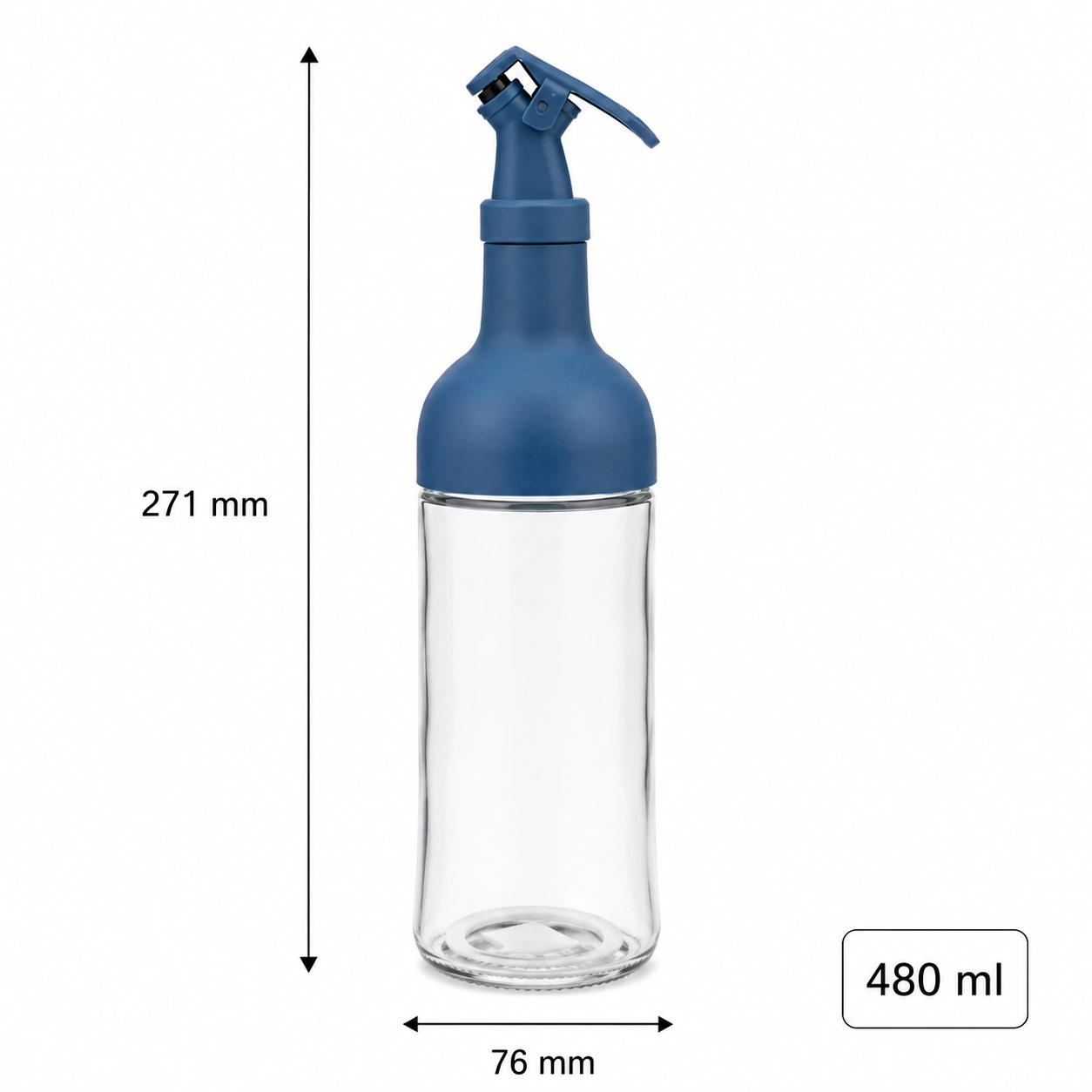 Clear 480 ml glass oil sprayer with a blue trigger top