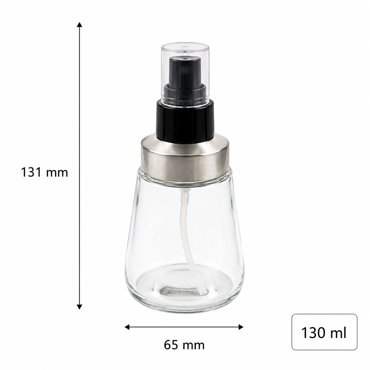 Compact 130 ml clear glass oil sprayer with protective cap