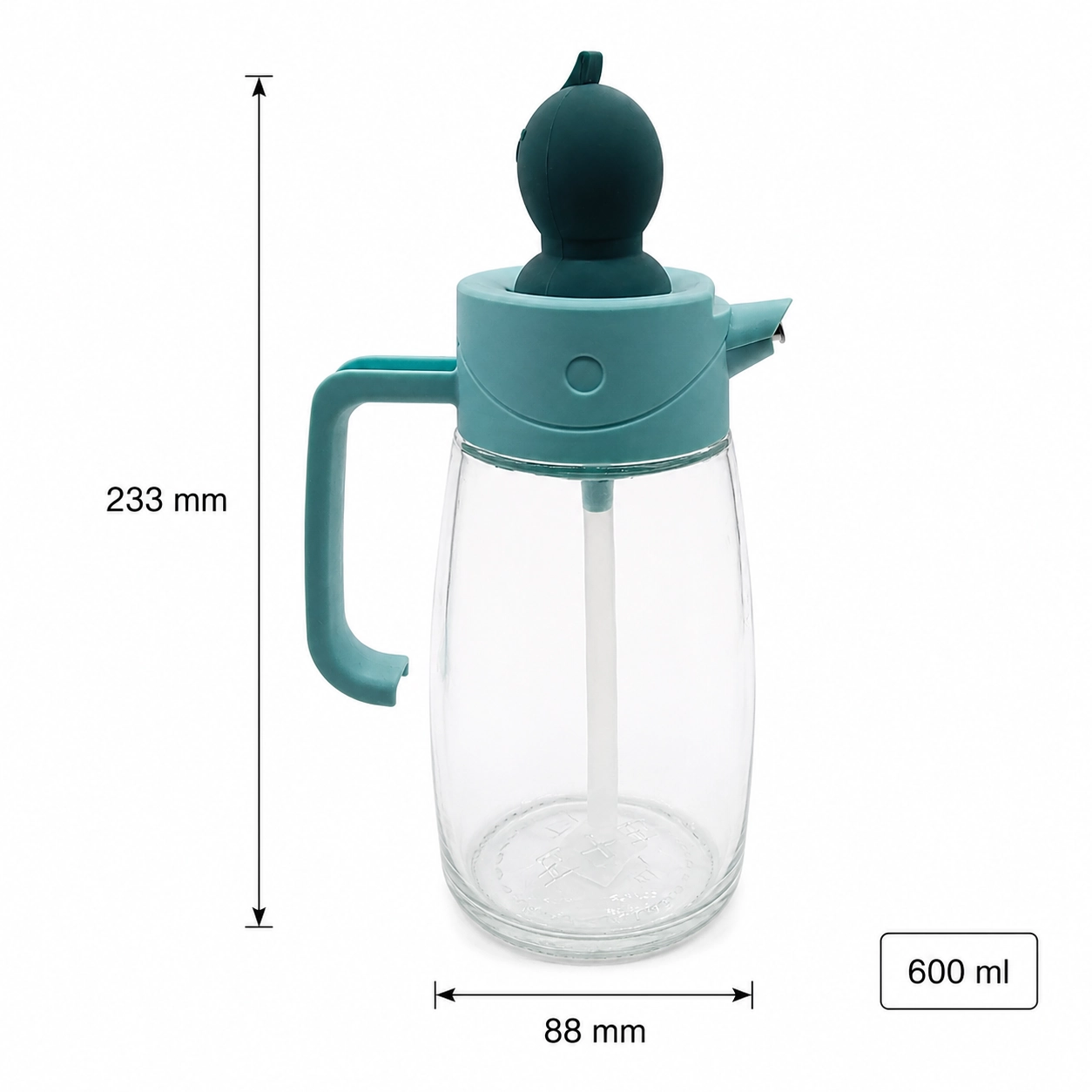 Large 600 ml clear glass oil dispenser with colored handle and pouring top