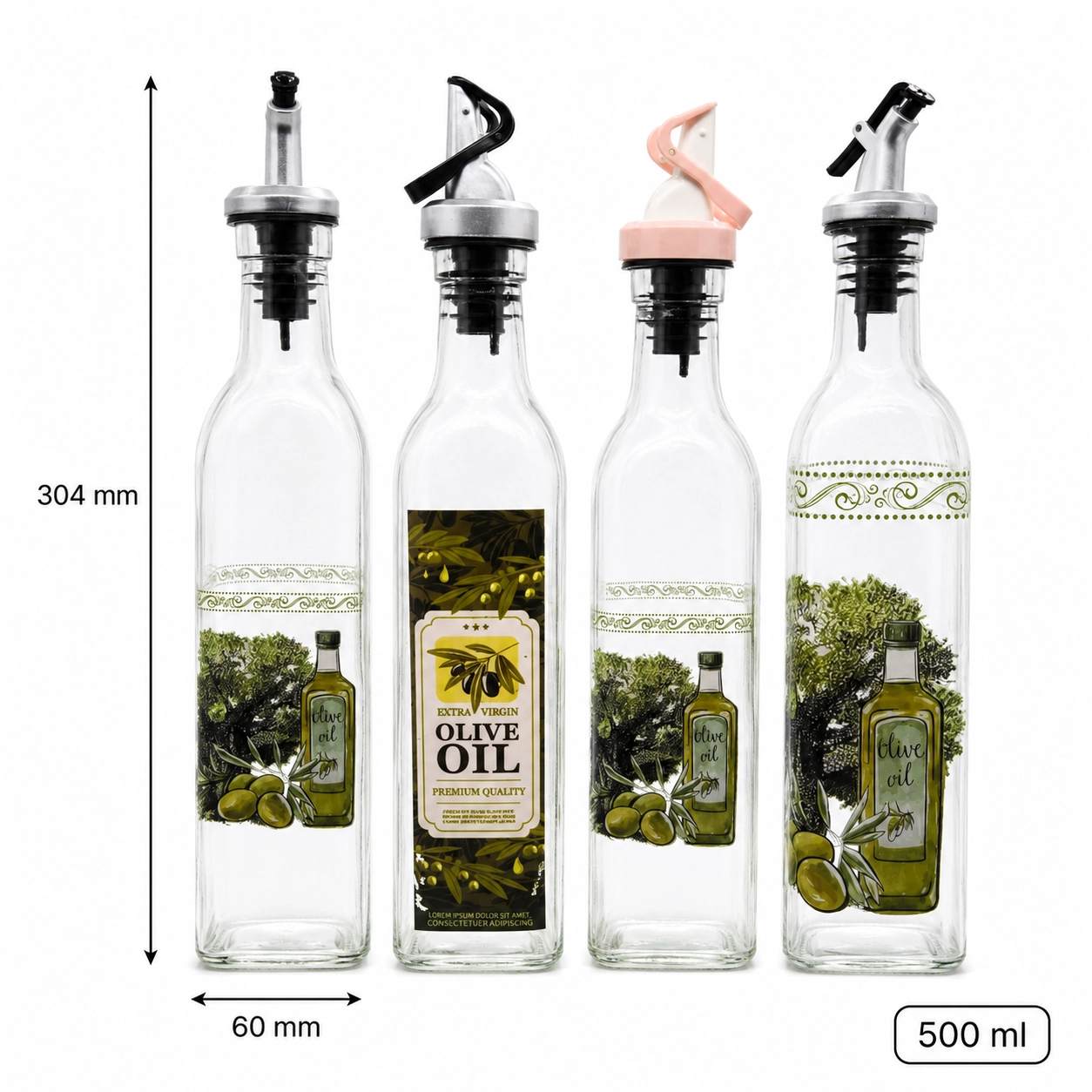 Four decorated 500 ml clear glass olive oil bottles with pouring spouts