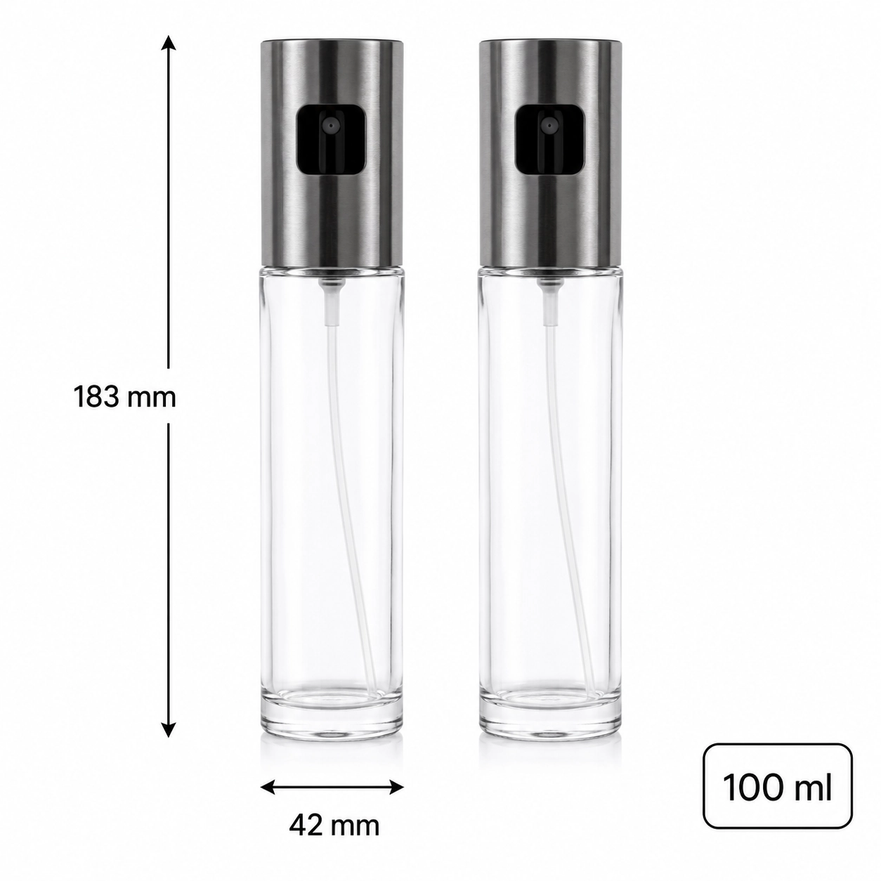 Pair of slim 100 ml glass oil sprayers with stainless steel covers