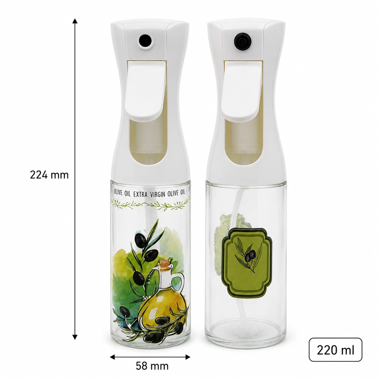Decorated 220 ml clear glass olive oil spray bottle with white top