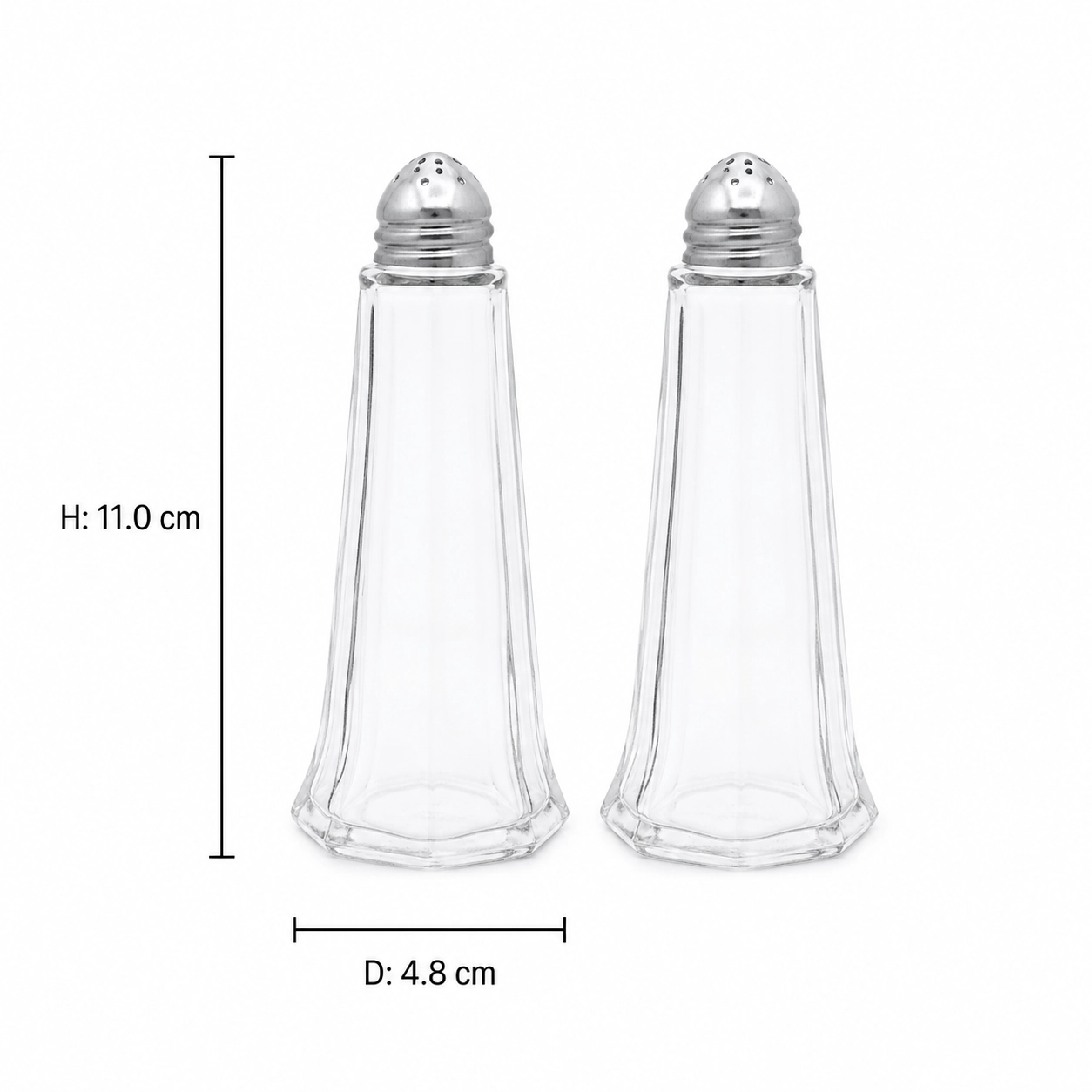 Pair of tall tapered clear glass salt and pepper shakers with metal lids
