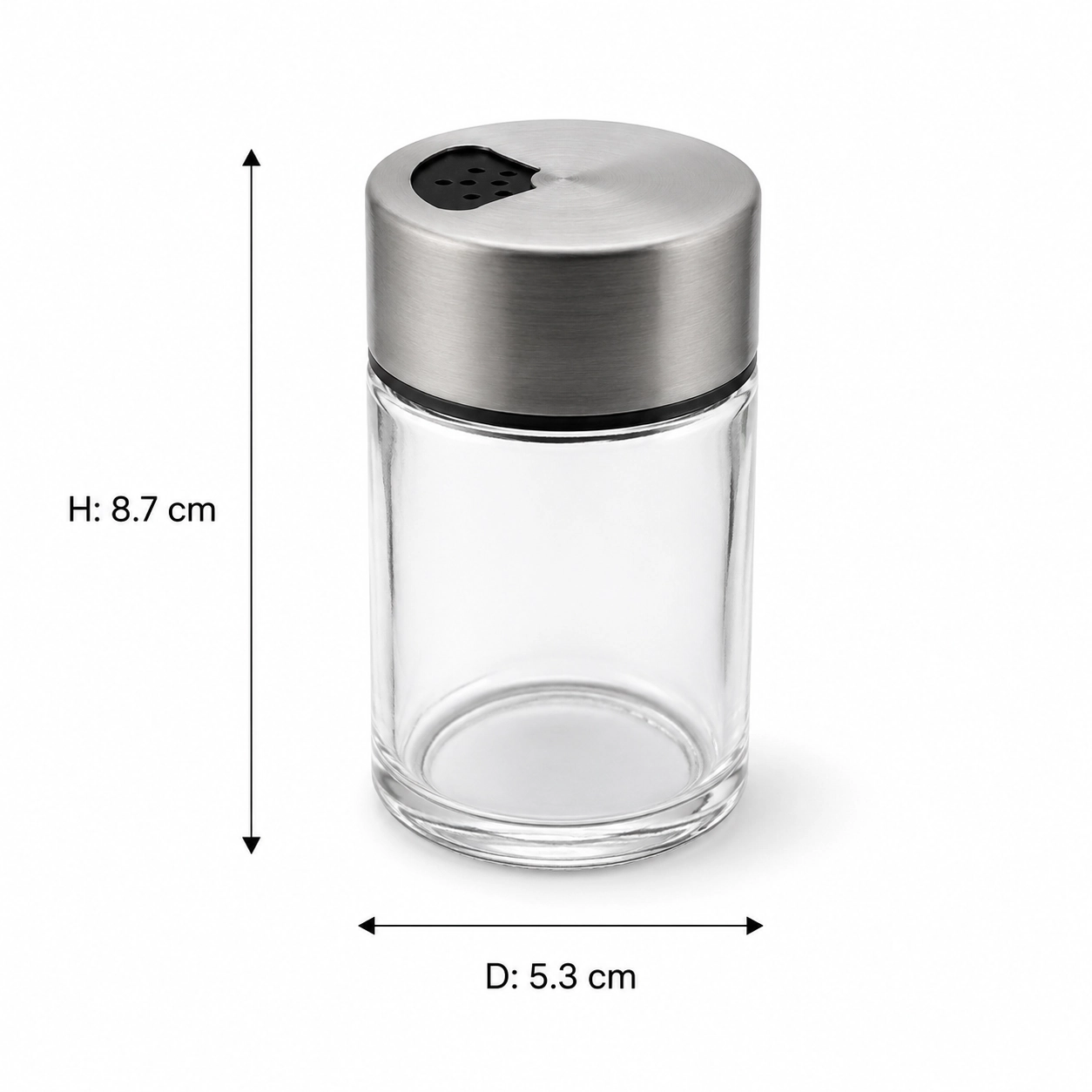 Compact clear glass spice shaker with brushed stainless steel dispensing lid