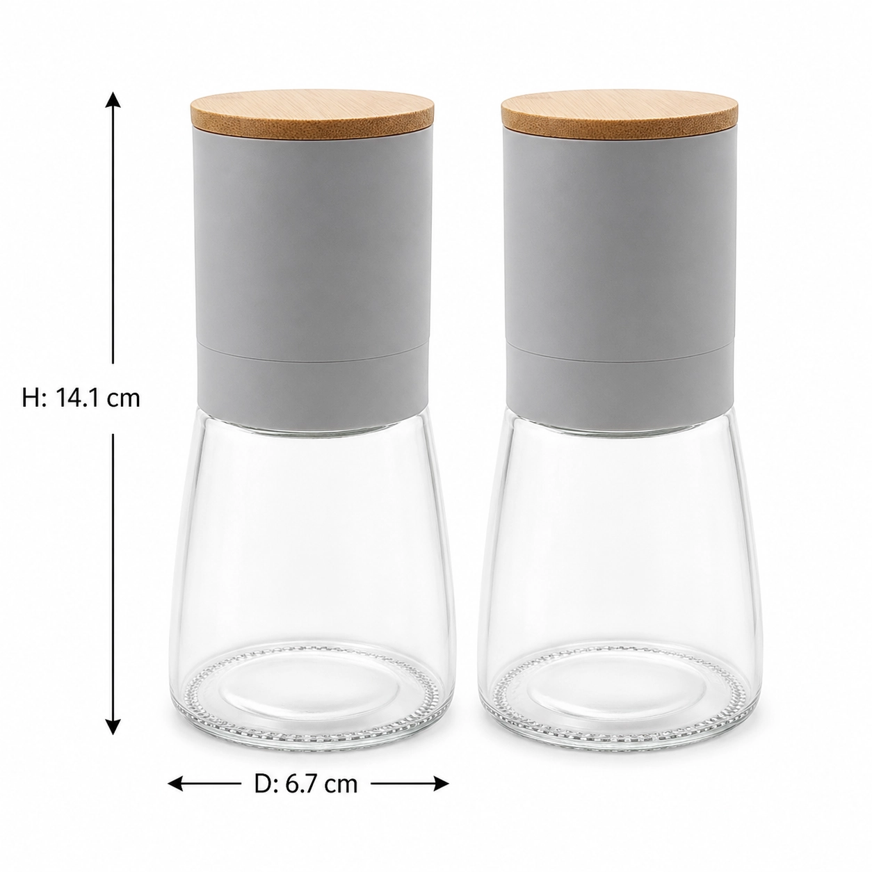 Pair of clear glass spice grinders with grey bodies and bamboo top discs