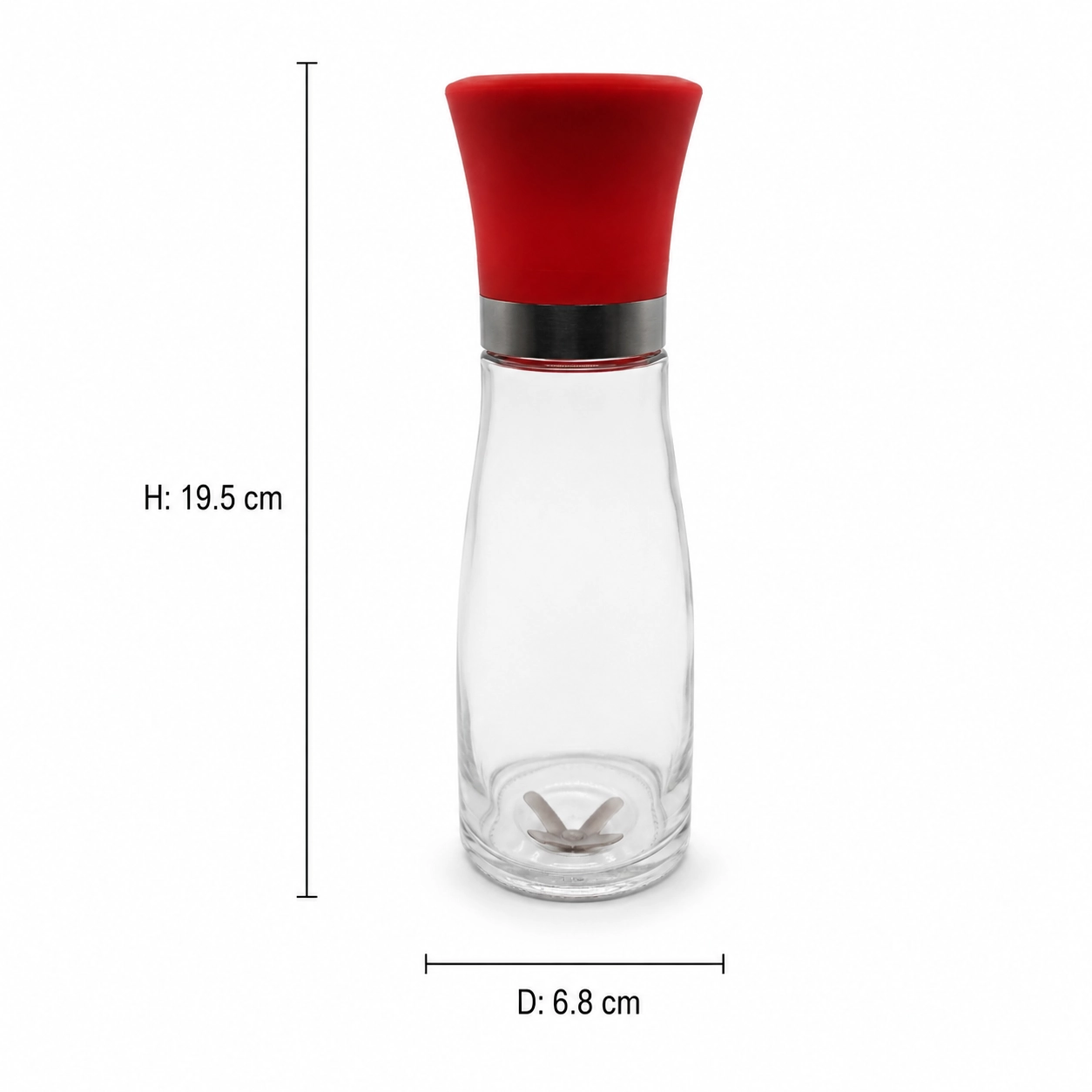 Tall clear glass pepper grinder with red top and metal trim