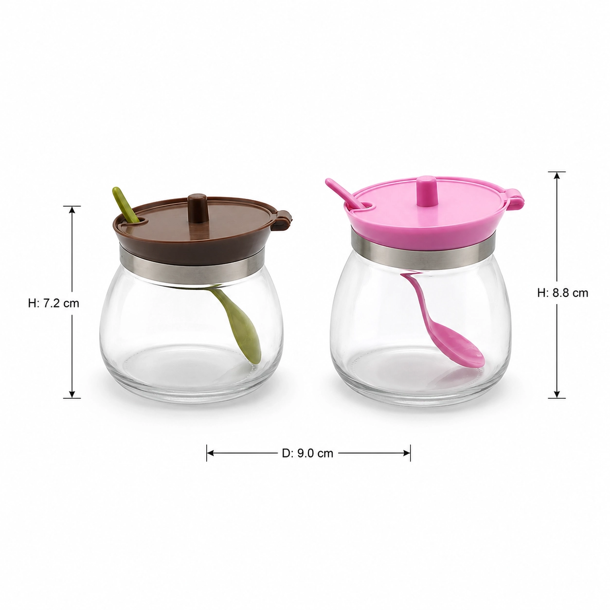Round glass seasoning jars with colored lids, metal trim and matching spoons