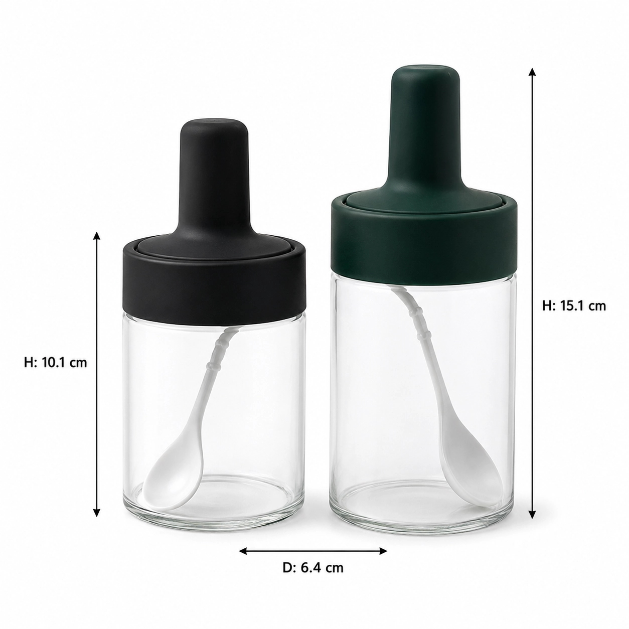 Glass seasoning jars with black and green handled lids and integrated spoons