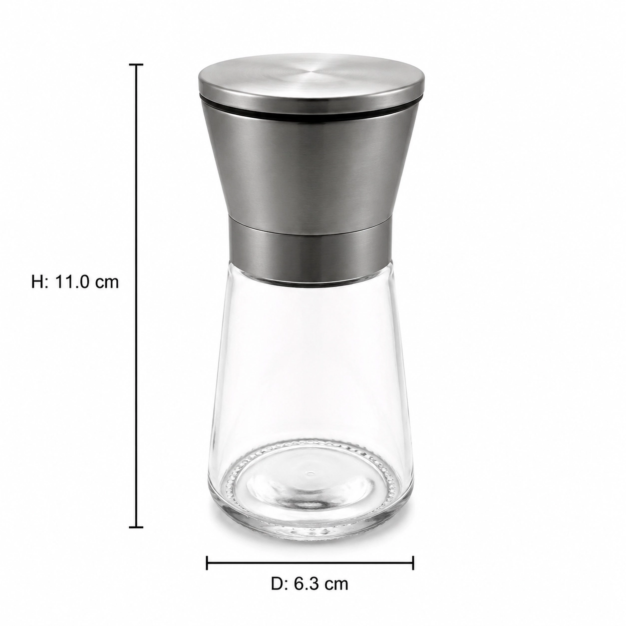 Compact clear glass pepper grinder with brushed stainless steel top