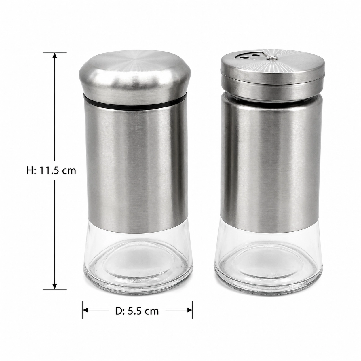 Two glass spice jars with brushed stainless steel covers and shaker lids