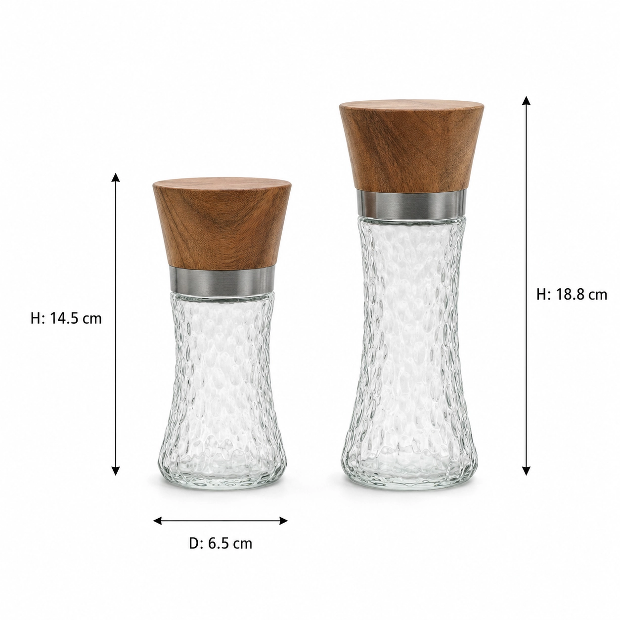 Two textured glass pepper grinders with wood tops in different heights