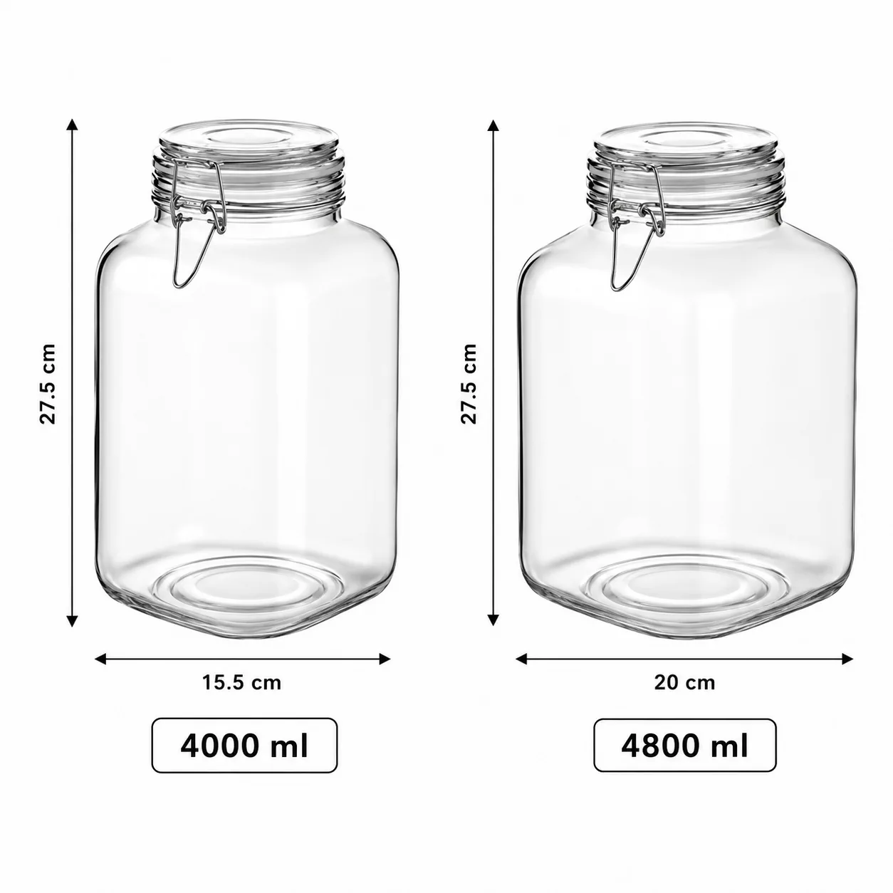 Extra large square clamp glass storage jars set in 4000 and 4800 ml sizes