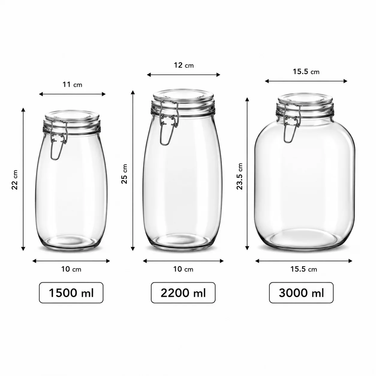 Large round clamp glass storage jars set in 1500, 2200 and 3000 ml sizes