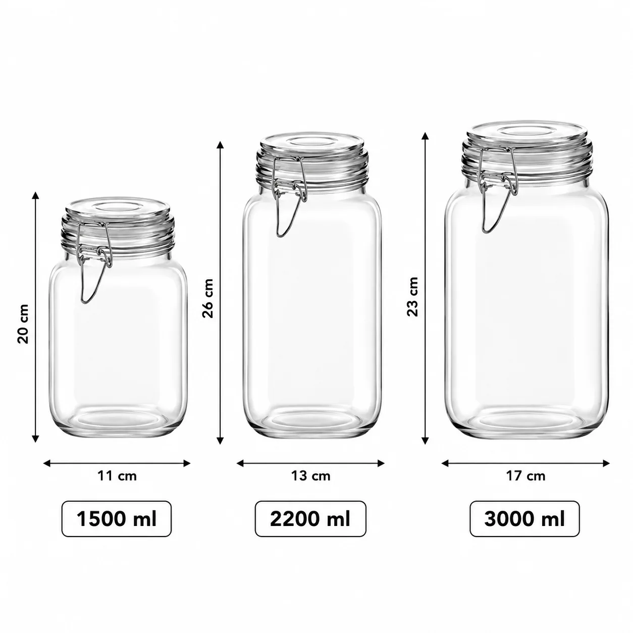 Large square clamp glass storage jars set in 1500, 2200 and 3000 ml sizes