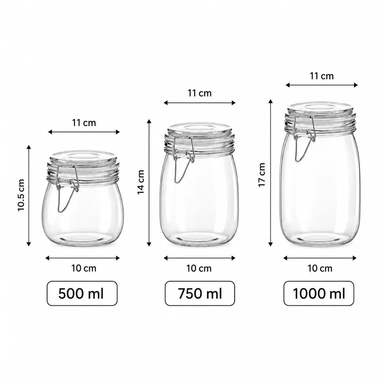 Round clamp glass storage jars set in 500, 750 and 1000 ml sizes