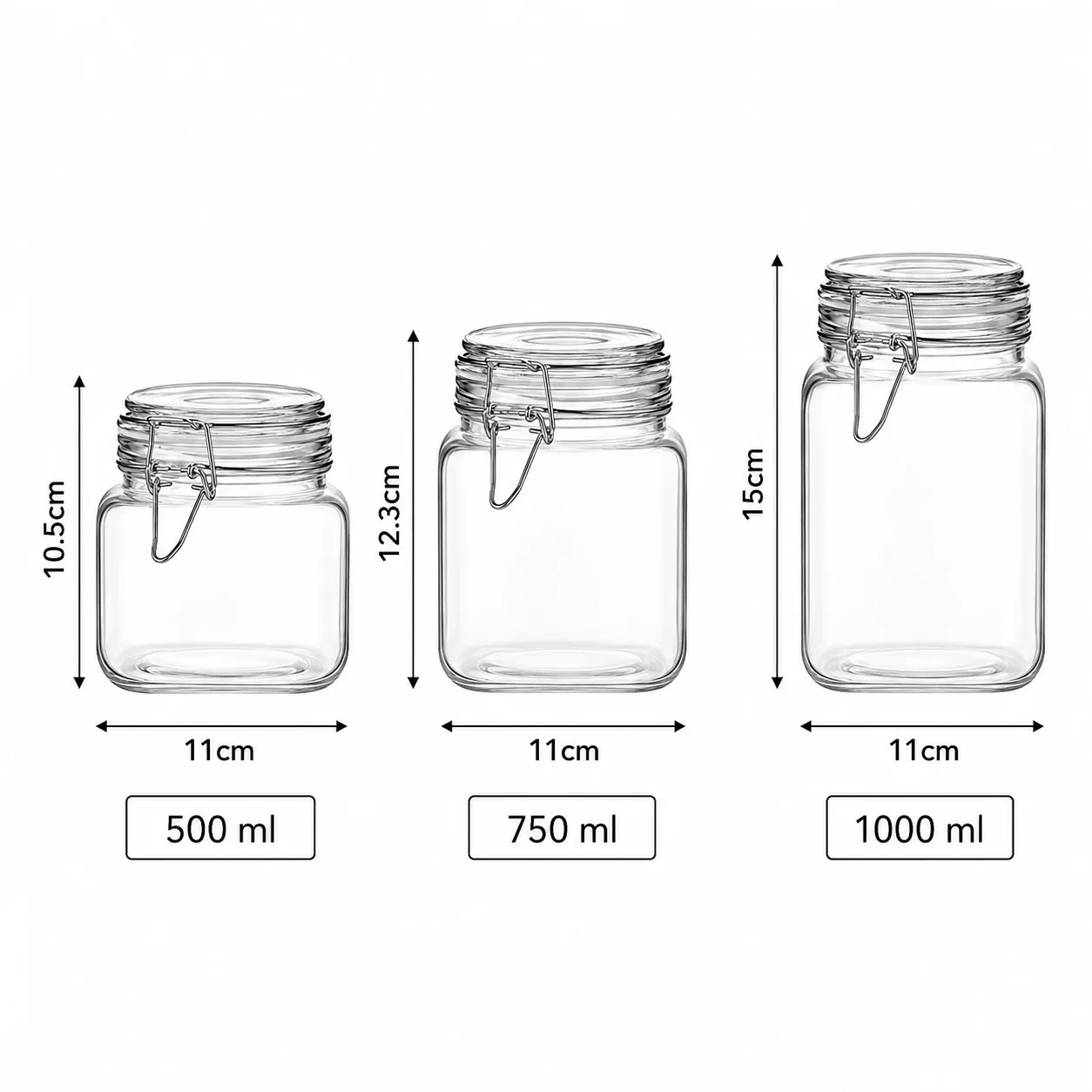 Square clamp glass storage jars set in 500, 750 and 1000 ml sizes
