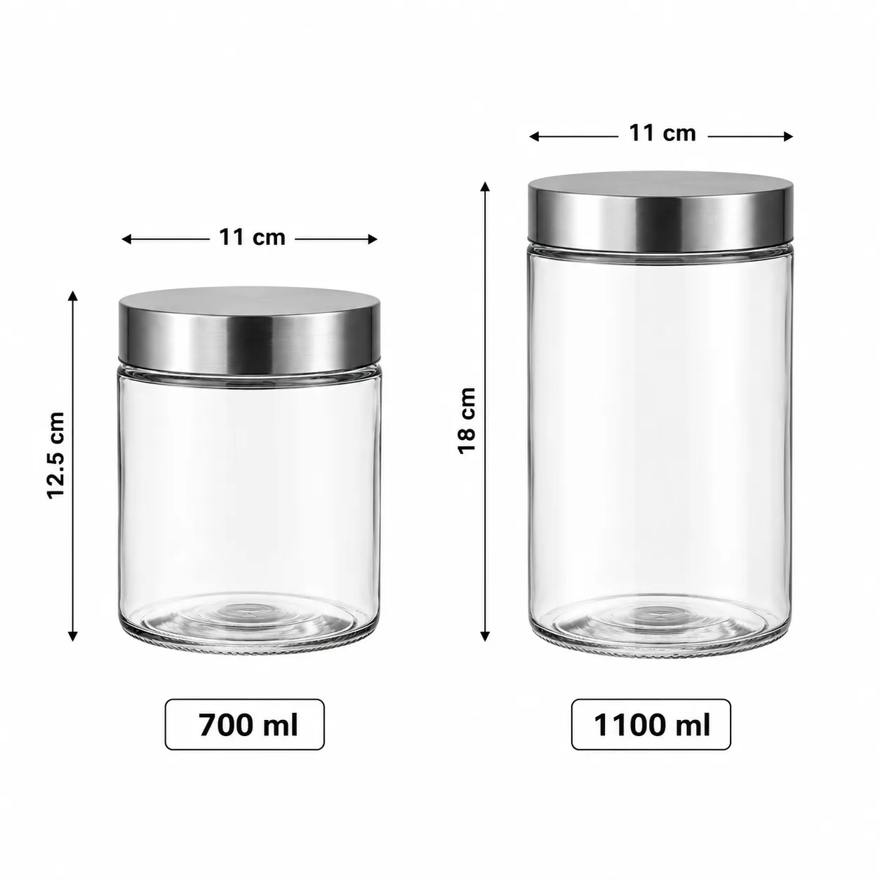 Glass storage jars with stainless steel style lids in 700 and 1100 ml sizes