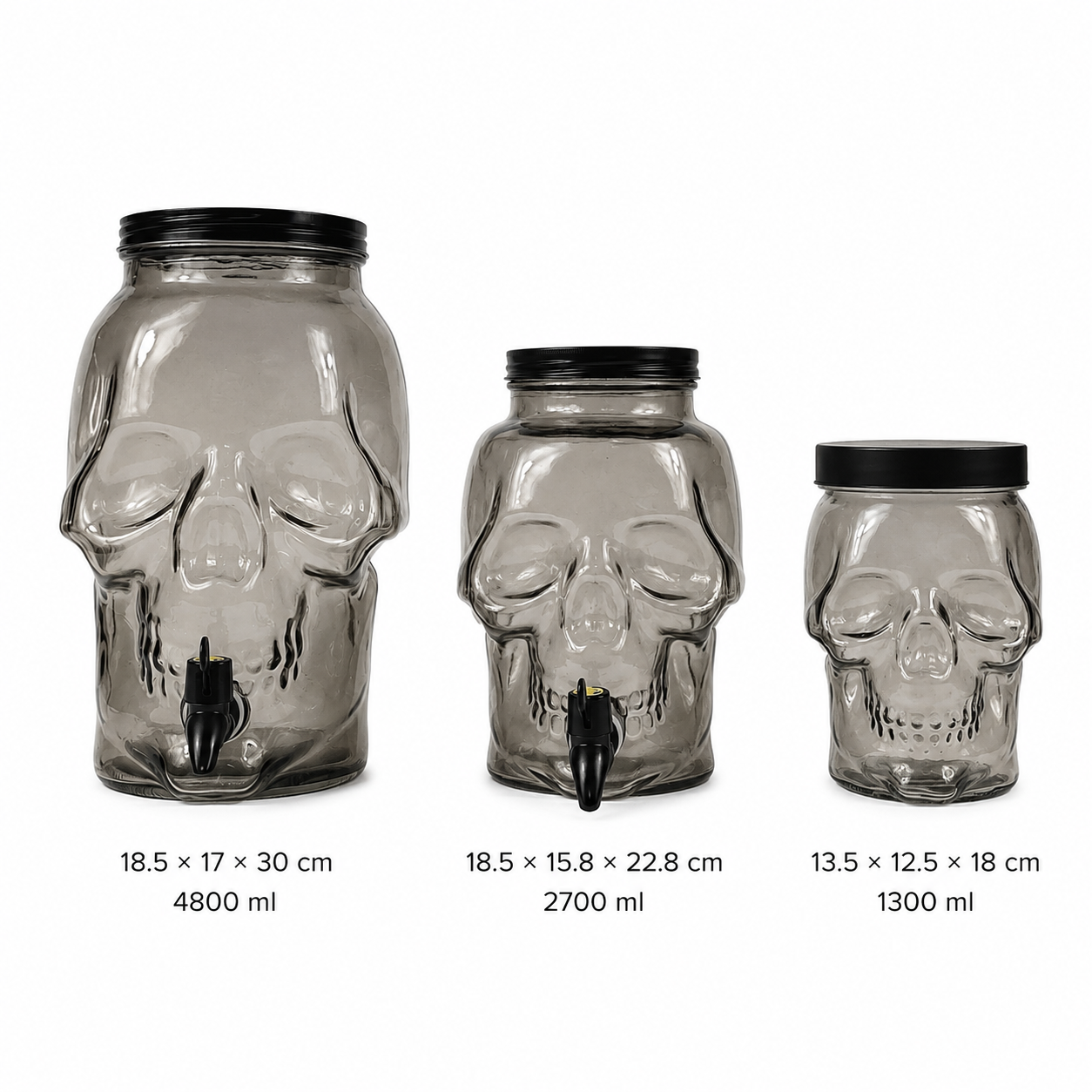 Skull glass dispenser jar set in three capacities